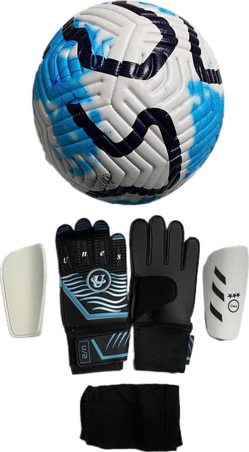 5 No Mavi Çizgili Futbol Topu Kaleci Eldiveni Ve Tekmelik 3'Lü Set (Pompa Hediye)