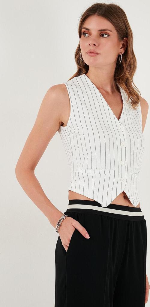 Streç Fitted Fit V Yaka Düğmeli Bayan Yelek 5865971 BEYAZ-SİYAH