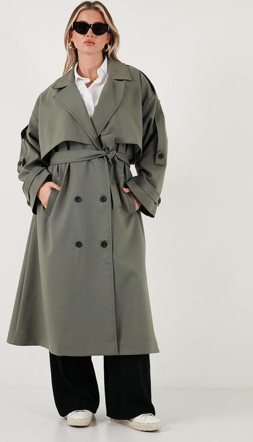 Oversize Fit Kruvaze Yaka Düğmeli Kemerli Uzun Bayan Trençkot 6839476 HAKİ