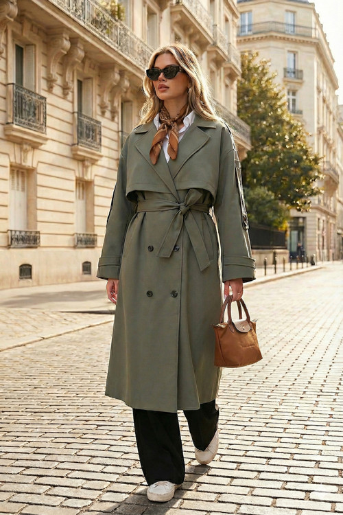 Oversize Fit Kruvaze Yaka Düğmeli Kemerli Uzun Bayan Trençkot 6839476 HAKİ