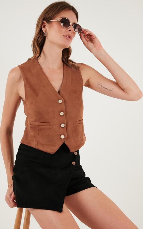 Fitted Scuba Süet V Yaka Düğmeli Bayan Yelek 5865576 KİREMİT