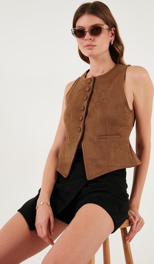 Fitted Fit Bisiklet Yaka Düğmeli Yumuşak Dokulu Bayan Yelek 5866435 TABA