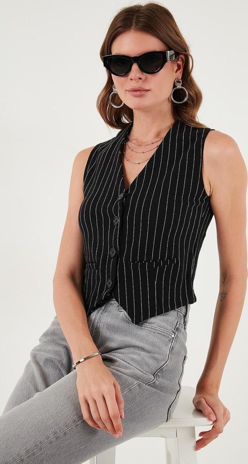 Streç Fitted Fit V Yaka Düğmeli Bayan Yelek 5865971 SİYAH-BEYAZ