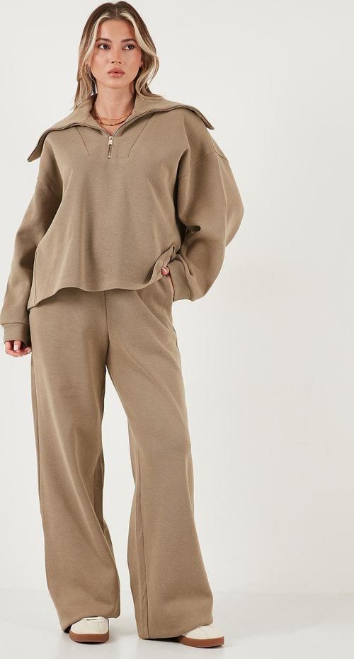 Pamuklu Oversize Fit Yarım Fermuarlı Yaka Uzun Kollu Triko Bayan Takım 68351218 HAKİ