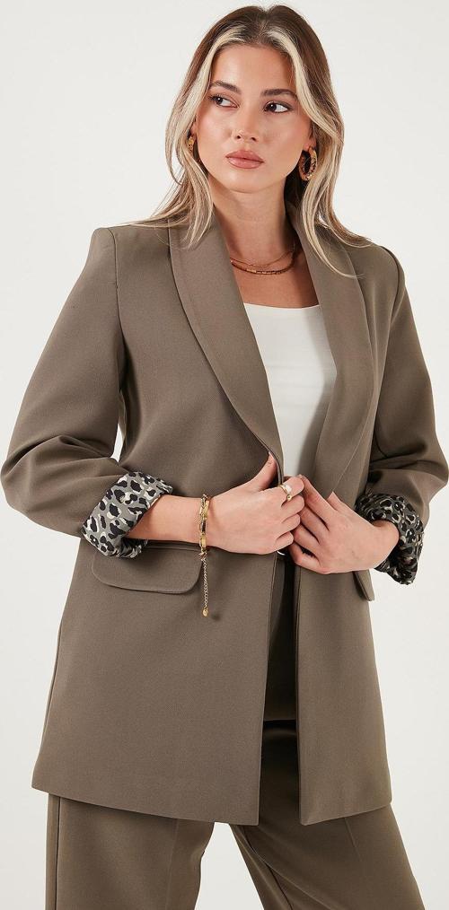 Regular Fit Klasik Yaka Desenli Astar Detaylı Blazer Bayan Ceket 6839227 HAKİ