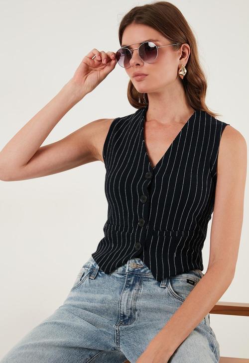 Streç Fitted Fit V Yaka Düğmeli Bayan Yelek 5865971 LACİVERT-BEYAZ