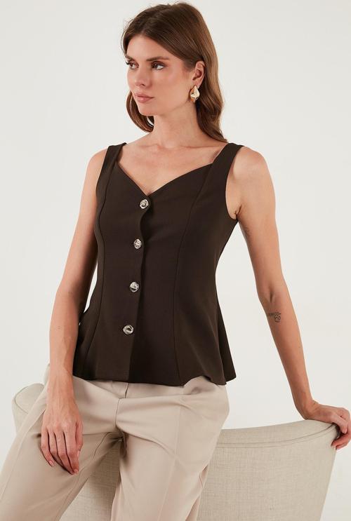Fitted Fit V Yaka Düğmeli Bayan Yelek 611FYL145 KAHVE