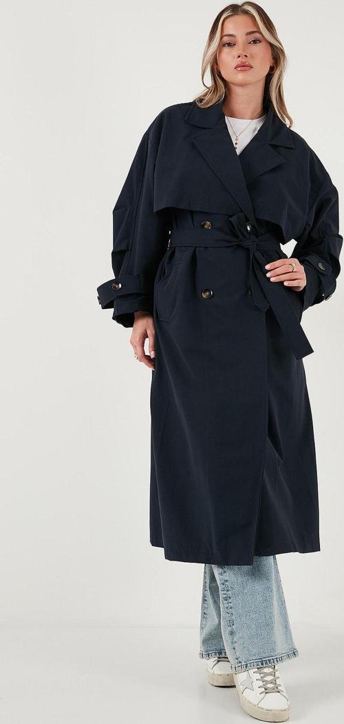 Pamuklu Oversize Kruvaze Yaka Düğmeli Uzun Bayan Trençkot 6839605 LACİVERT