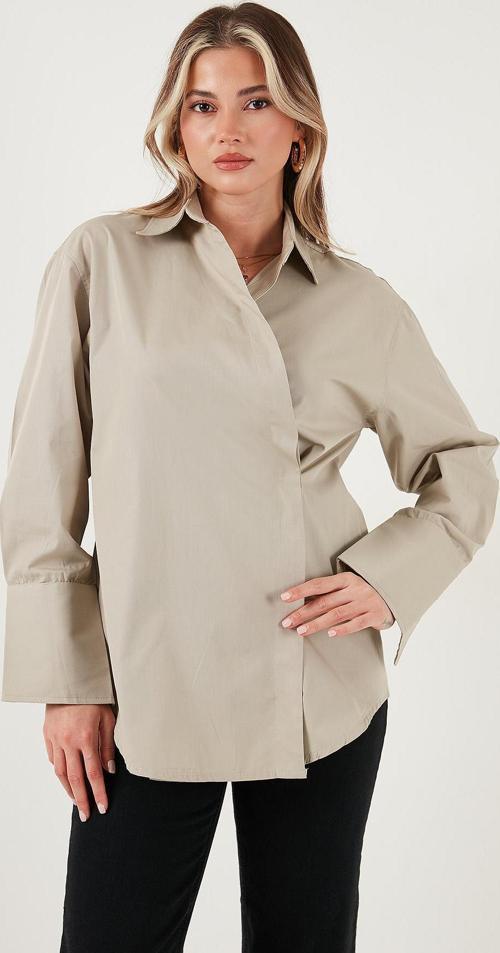 Regular Fit Klasik Yaka Bağlamalı Uzun Kollu Bayan Gömlek 6834987 BEJ