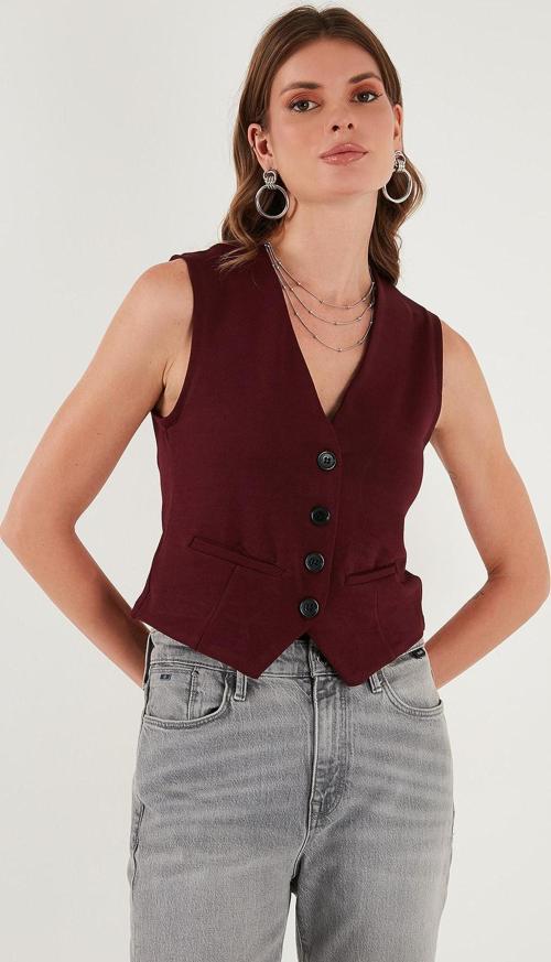 Streç Fitted Fit V Yaka Düğmeli Bayan Yelek 5865971 BORDO