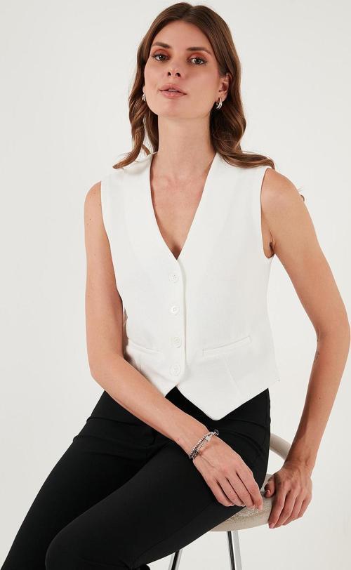 Streç Fitted Fit V Yaka Düğmeli Bayan Yelek 5865971 BEYAZ