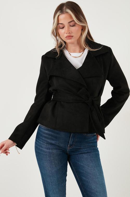 Regular Fit Kruvaze Yaka Kuşaklı Süet Dokulu Bayan Ceket 6839640 SİYAH