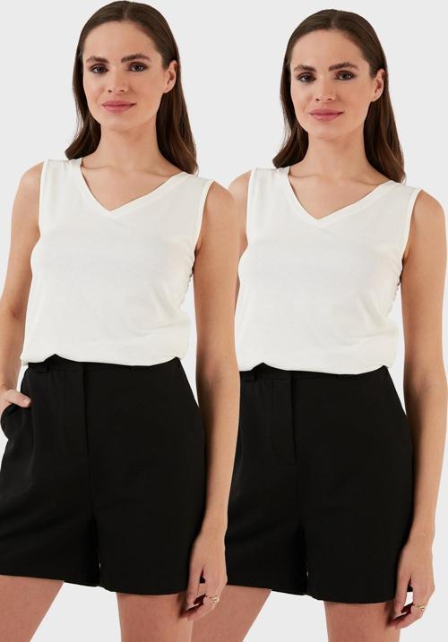 Slim Fit V Yaka Kalın Askılı 2' li Paket Bayan Bluz 5864384S2 EKRU-EKRU