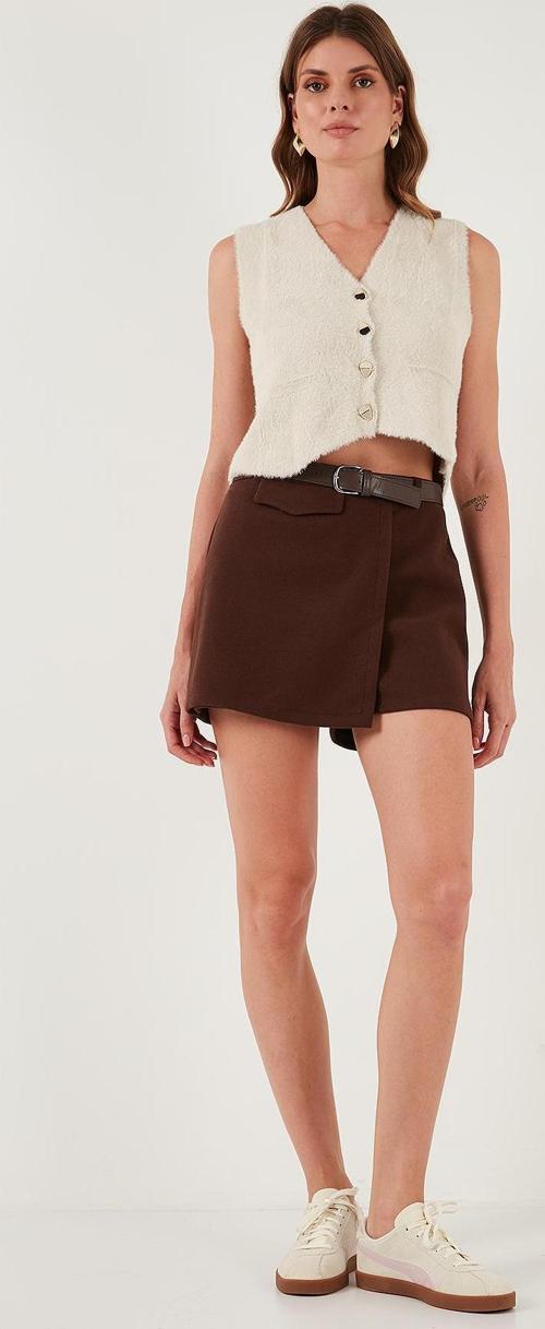 Pamuk Karışımlı Relaxed Fit Yüksek Bel Mini Boy Bayan Şort Etek 611SR0037 KAHVE