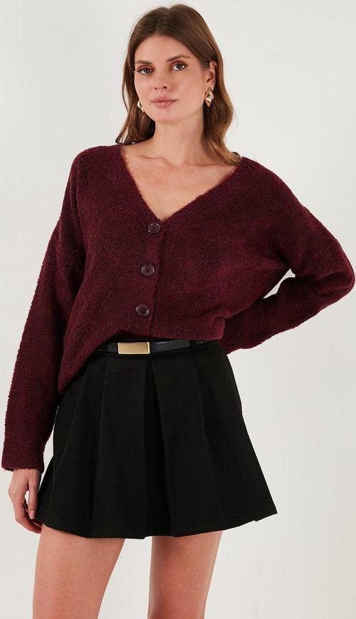 Oversize Fit Düğmeli V Yaka Uzun Kollu Triko Bayan Hırka 4616232 BORDO