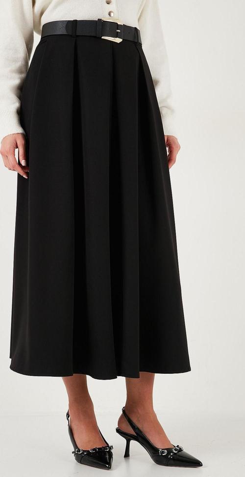 Modest Kemerli Comfort Fit Yüksek Bel Pileli Kloş Uzun Tesettür Bayan Etek 6833360 SİYAH