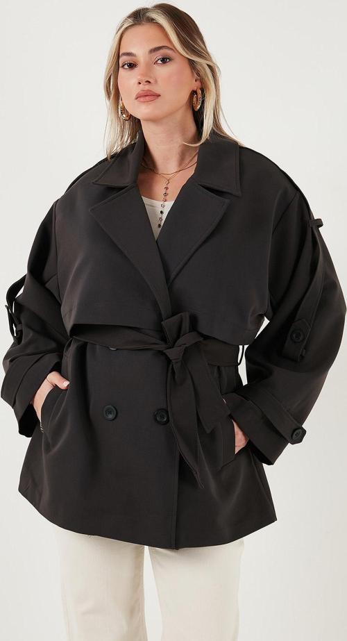 Relaxed Fit Kruvaze Yaka Düğmeli Astarlı Bayan Trençkot 6839580 KOYU KAHVE