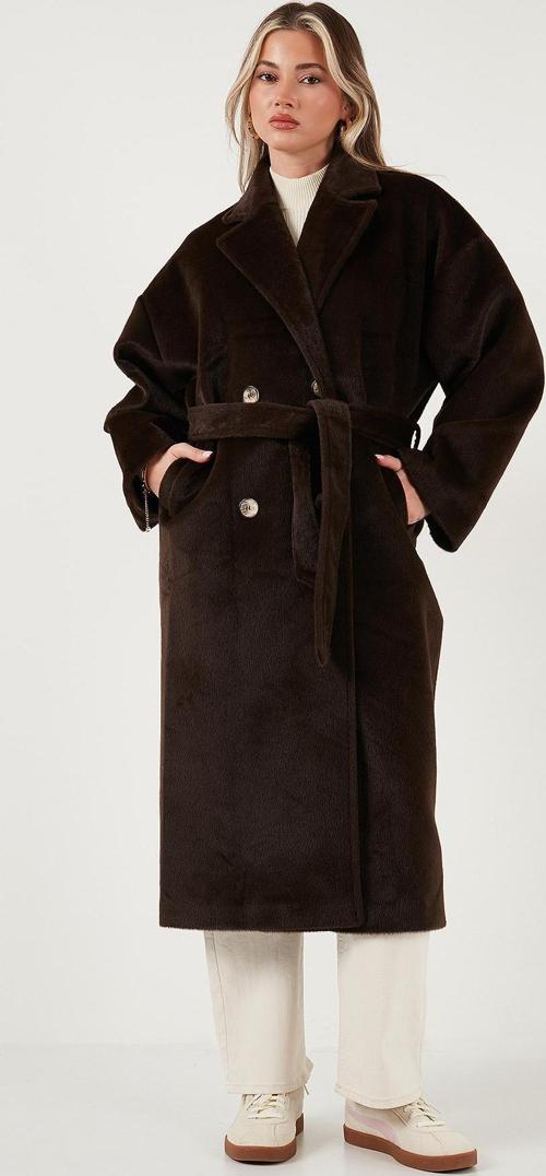 Oversize Kruvaze Yaka Yumuşak Dokulu Uzun Bayan Trençkot 6839610 KAHVE