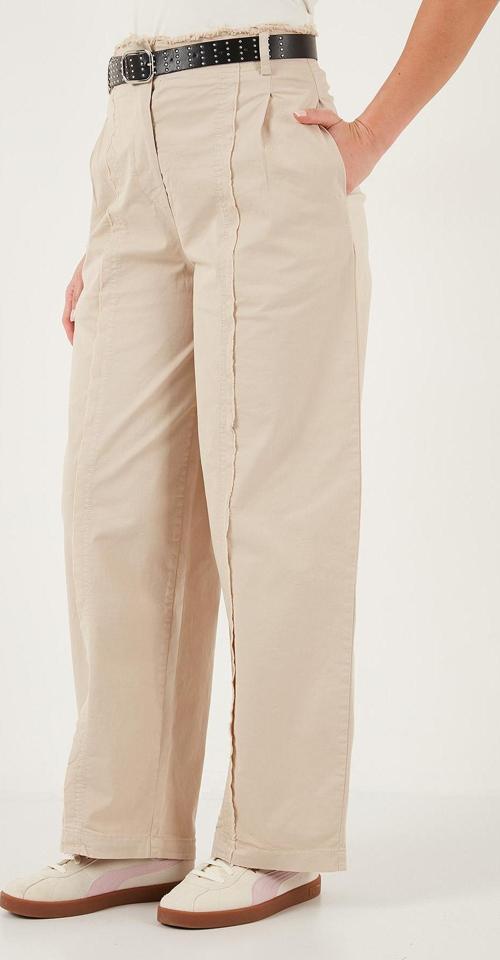 Pamuklu Relaxed Fit Geniş Paça Dikiş Detaylı Kemerli Bayan Pantolon 68351208 TAŞ