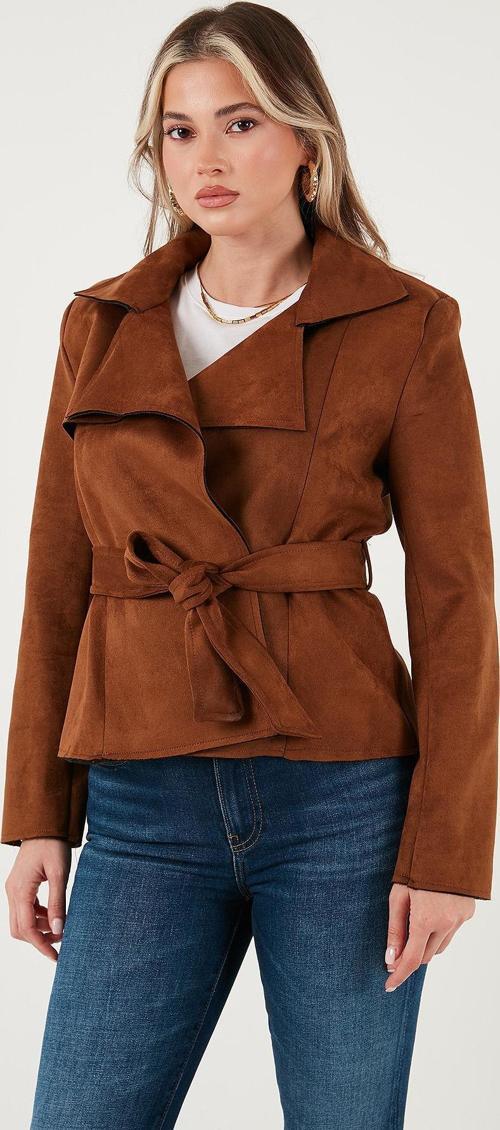 Regular Fit Kruvaze Yaka Kuşaklı Süet Dokulu Bayan Ceket 6839640 TABA