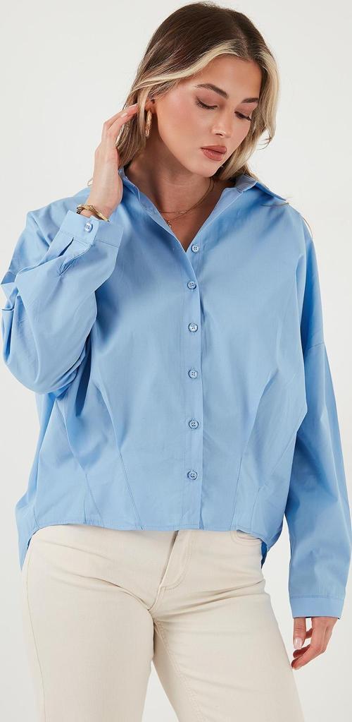Pamuklu Oversize Önü Kısa Arkası Uzun Klasik Yaka Bayan Gömlek 6834985 MAVİ