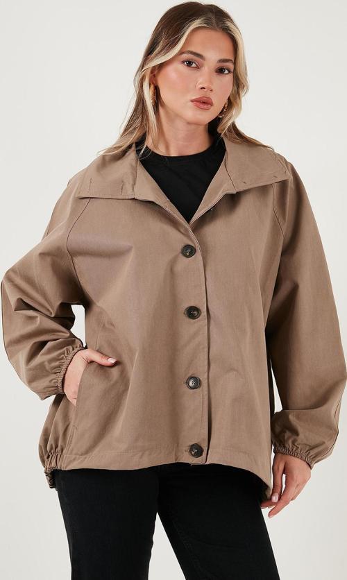Pamuk Karışımlı Oversize Ceket Yaka Düğmeli Kısa Bayan Trençkot 6839627 VİZON