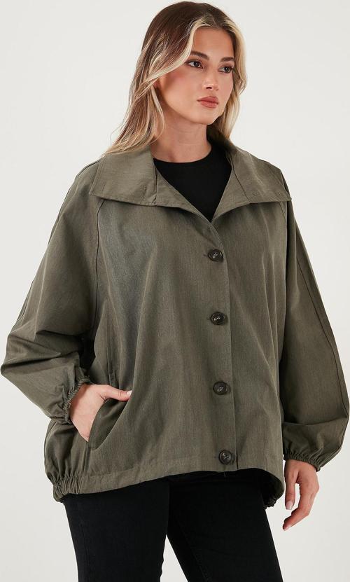 Pamuk Karışımlı Oversize Ceket Yaka Düğmeli Kısa Bayan Trençkot 6839627 HAKİ