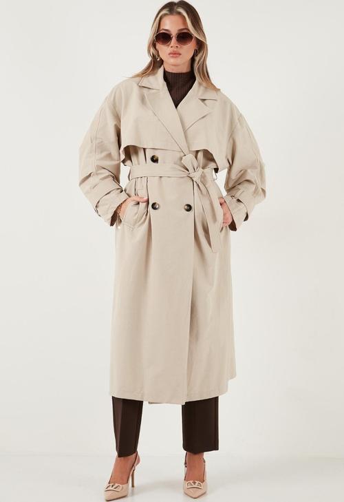 Pamuklu Oversize Kruvaze Yaka Düğmeli Uzun Bayan Trençkot 6839605 TAŞ