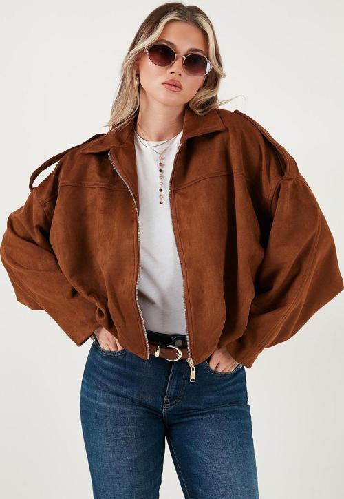Oversize Klasik Yaka Fermuarlı Süet Dokulu Bomber Bayan Ceket 6839635 TABA