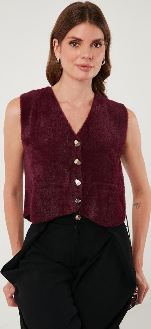 Regular Fit V Yaka Yumuşak Dokulu Düğmeli Bayan Yelek 4615241 BORDO