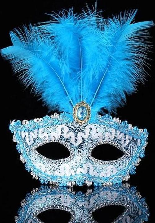MDB Mavi Dantel İşlemeli Mavi Tüylü Balo Parti Maskesi