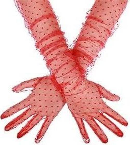 MDB Uzun Boy Kırmızı Puantiyeli Kırmızı Renk Yetişkin Tül Eldiven