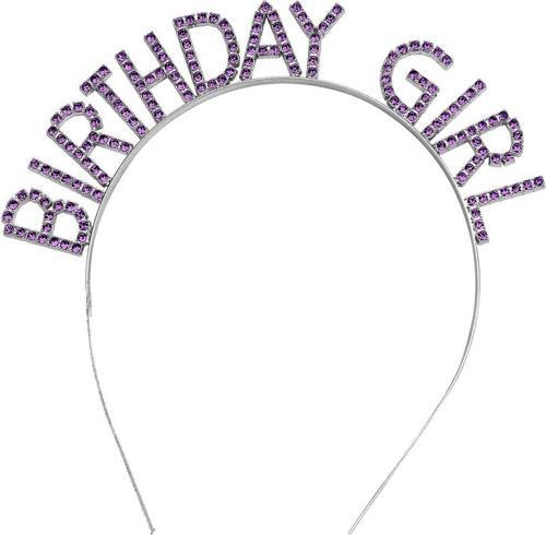 MDB Mor Renk Kristal Taşlı Parlak Birthday Girl Yazılı Taç