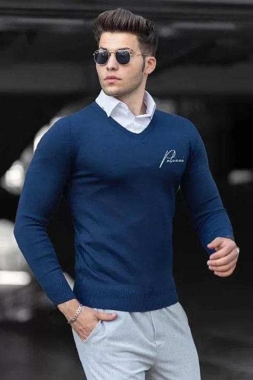 MDB Baskılı V Yaka Uzun Kol Dokuma Triko  Indigo