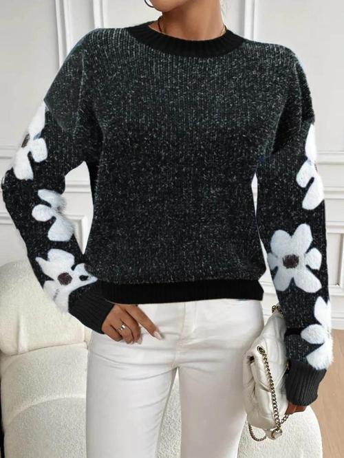 MDB Kadın Uzun Kollu Bisiklet Yaka çiçek Desenli Triko Bluz