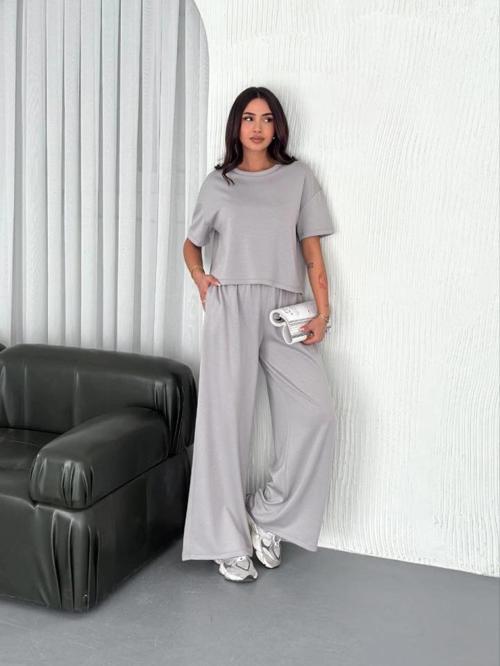 MDB Osy odal Yumuşak Dokulu Kumaş Bisiklet Yaka Tshirt  Bol Paça Pantalon Ikili Takım  Boyalı Gri