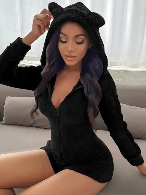 MDB Kadın Uzun Kollu Kapişon Ve Fermuar Detaylı Peluş şort Tulum