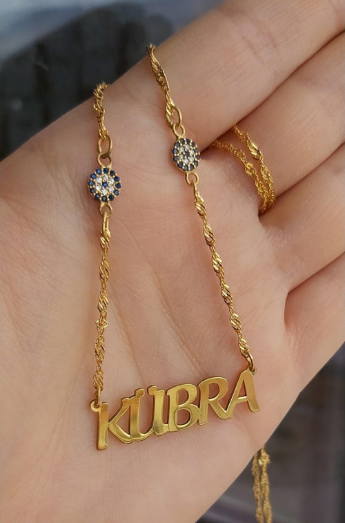 925 Ayar Gümüş 24 Ayar Altın Kaplama 2 Nazar Boncuklu Isimli Kolye
