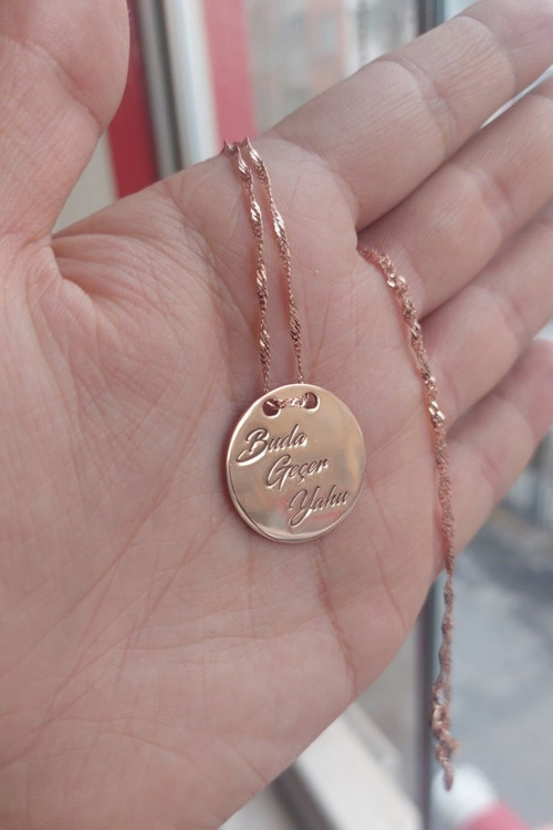 925 Ayar Gümüş Rose Altın Kaplama Plaka Kolye
