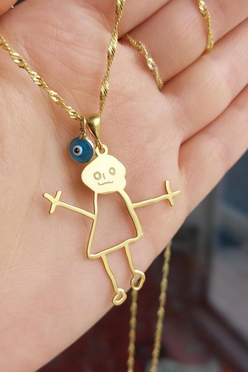 925 Ayar Gümüş 24 Ayar Altın Kaplama Nazar Boncuklu Çöp Adam Kolye