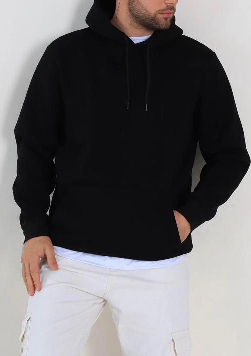 Hardy Siyah Üç İplik Şardonlu Yarım Ovirsize Basic Kapüşonlu Erkek Sweatshirt