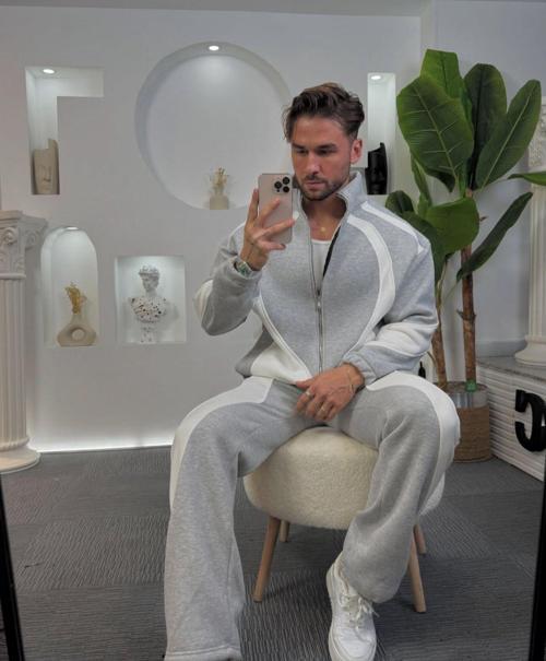 Leonard Gri Beyaz Relax Fit Pamuklu Baggy Kalıp Basic Takım Eşofman 