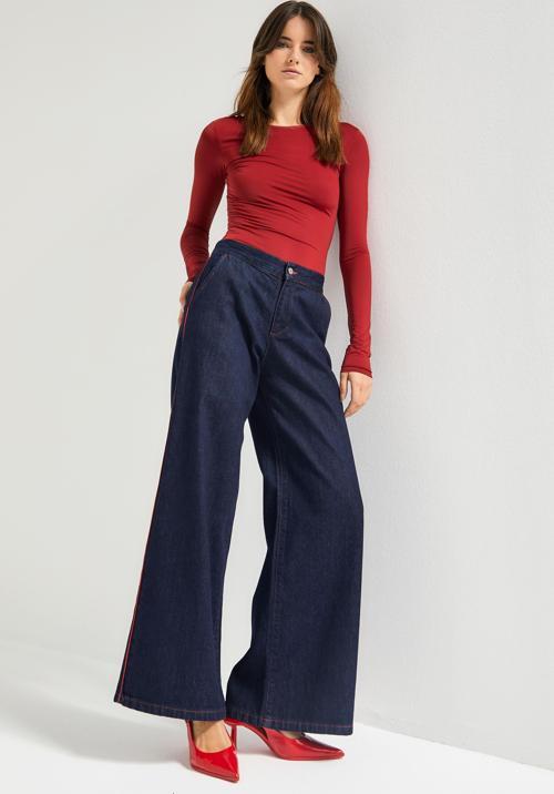 Kadın İndigo Renk 7w5-50 Wide Leg Fit Viskon Kumaş Şerit Detaylı Özel Tasarım Denim Jean