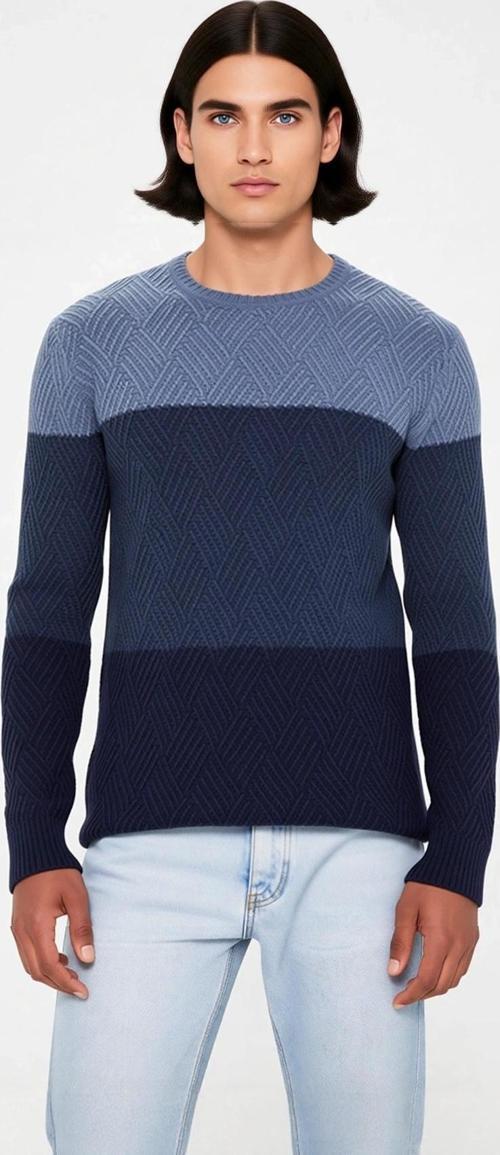 Erkek Triko Regular Kalıp Bisiklet Yaka Renk Bloklu Uzun Kollu Kazak Soğuk Havalara Özel Kaliteli