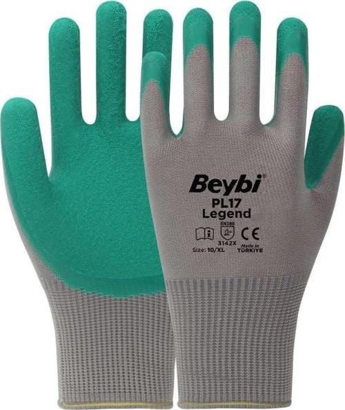 Pl17 10 Beden Gri-Yeşil 12 Li Paket Legend Polyester Örme Lateks Eldiven
