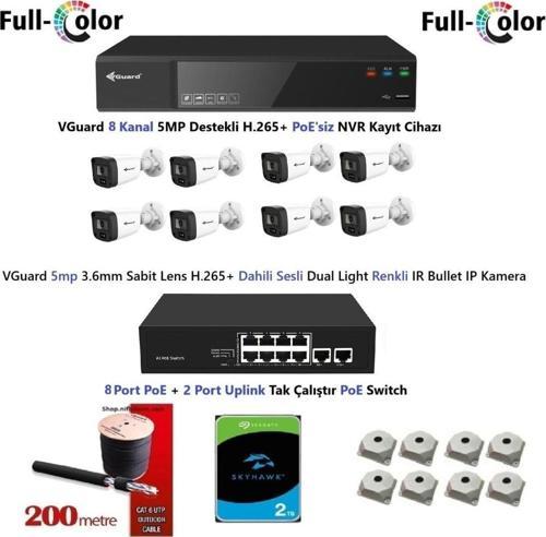 5mp Dahili Sesli Ve Gece Renkli 8 Kameralı Tak Çalıştır Hazır IP Kamera Seti 2TB Disk