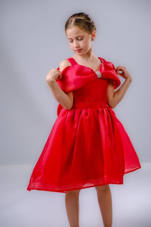 Kız Çocuk Taş Fiyonklu İsalon Elbise M00763 KIRMIZI