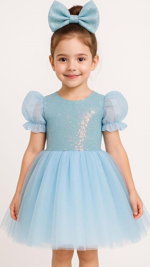 Balon Kol Pul Payet Kız Çocuk Tütü Elbise M00751 MAVİ