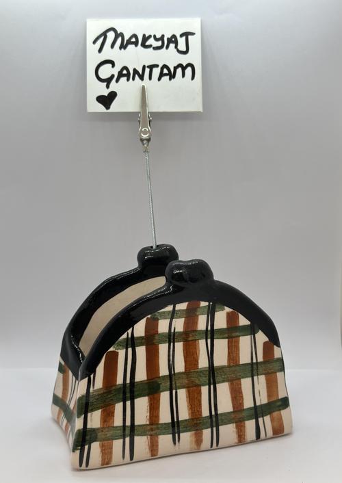 Makyaj Çantası– El Yapımı Seramik Çok Amaçlı Dekoratif Ürün, Taba, Yeşil Ekose Desenli