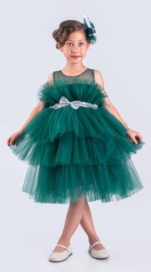 Katkat Tüllü Buket Model Kız Çocuk Özel Gün Abiye KOYU YEŞİL